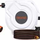 NEO-TEC 100ft 5/8 Inch Retractable Garden Hose Reel with Any-Length Lock Slow Auto Rewind Heavy Duty Hose Reel With 9-Pattern Nozzle 180° Swivel Bracket UV Resistant Wall Mounted Hose Reel for Outside