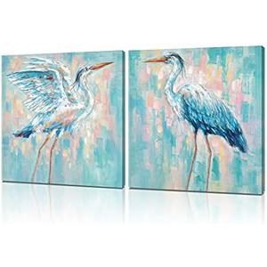 Blue Heron Canvas Wall Art: Set of 2 20" X 20" Coastal Wall Decor Picture Beach Wall Art Sea Birds Poster and Print Large Framed Egret Pictures for Bathroom Bedroom Living Room Office Decorations