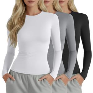 3 Pack Womens Compression Shirts Long Sleeve Crew Neck Tops Slim Fit Undershirts Workout Yoga Athletic (S)