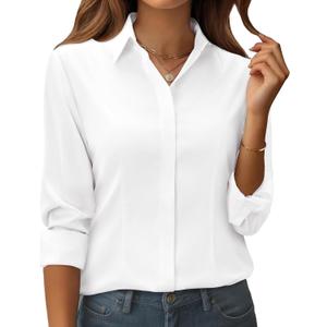 siliteelon Button Down Shirts for Women: Classic Fit Stain Resistant Long Sleeve Dress Shirt Wrinkle Free Business Office (Medium, White)