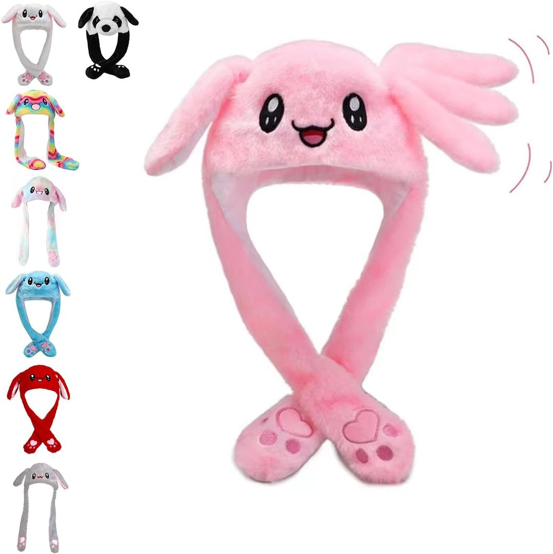 Rabbit Hat Ear Moving Jumping Hat Funny Plush Cap for Kids Dress Up Cosplay Party Pig Holiday Cute Ear Flap Cap for Adults (Pink)