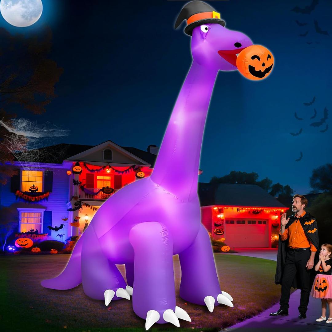 14 Ft Ht x 16 Ft L Giant Halloween Dinosaur Inflatable Blow Up Yard Decorations Large Dinosaur Bite Pumpkin with Witch Hat Build-in LED, Huge Halloween Decorations Outdoor Lawn Party Garden Decor