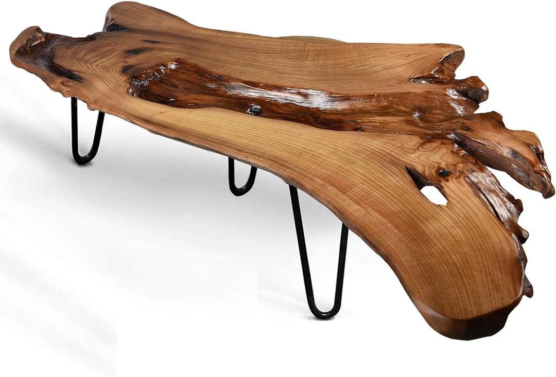 Handcrafted Edge Coffee Table | Natural Wood with Unique Organic Shape | Metal Hairpin Legs for Living Room, Side Table & Boho Decor,Clear Lacquer Finish (Large)