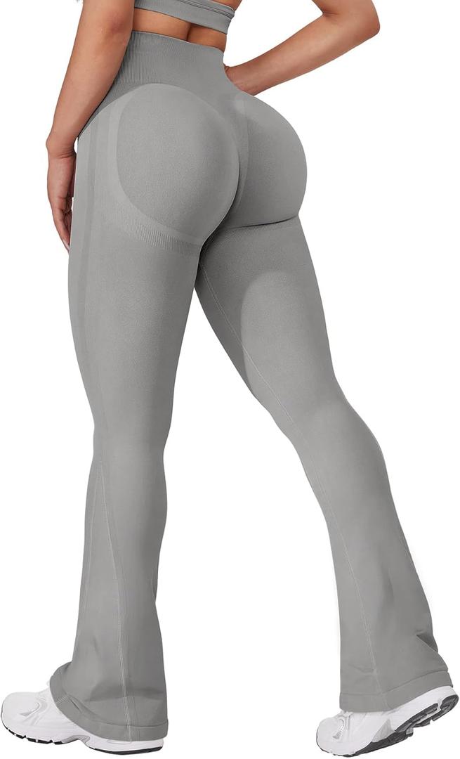VOYJOY Mini Flared Impact Leggings for Women 30" Seamless Hidden Scrunch Butt Lift Workout Legging Flare Bootcut Yoga Pants (Medium, Light Gray)