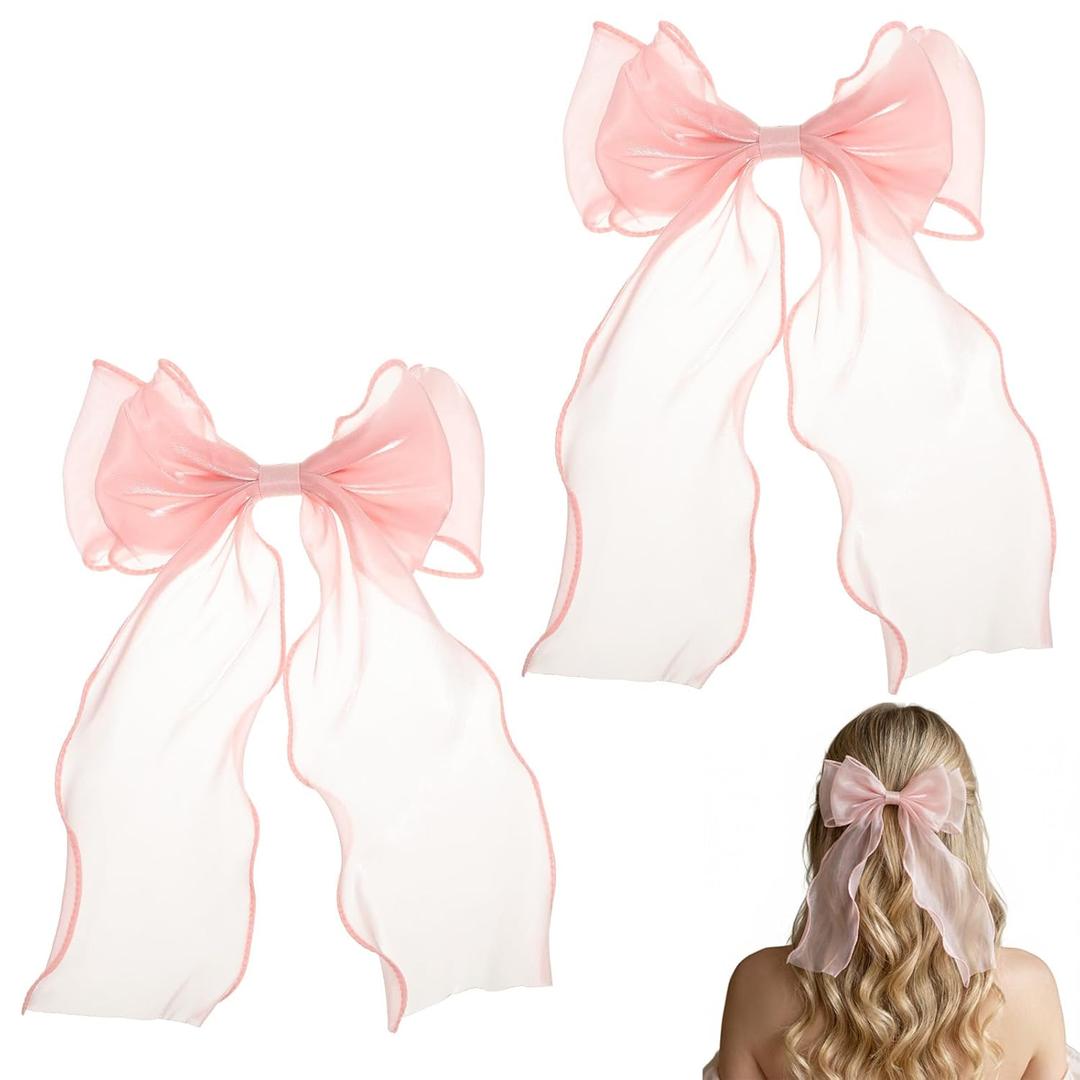 2Pcs Large Hair Bow Clips for Women, Pink Silk Yarn Ribbon Bow Hair Barrette, Silky Satin Bows Hairs Clips Elegant Long Tail Bowknot French Hairs Accessories for Wedding Parties Festivals