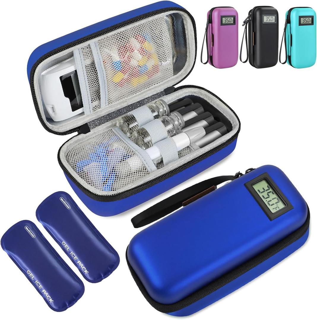 Insulin Cooler Travel Case, Portable Temperature Display Medicine Travel Cooler, Diabetes Case with 2 Reusable Ice Packs TSA Approved for Diabetic Supplies Patent Pending (Blue)