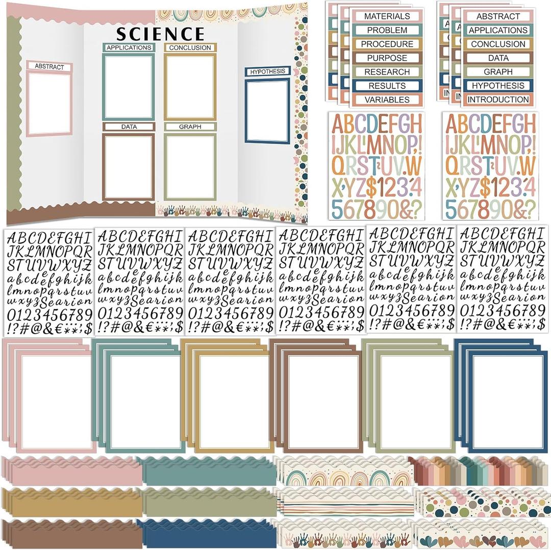 Skyygemm 92 Pcs Science Fair Board Supplies 60 Trim Scalloped Poster Boards 18 Presentation Subtitles 6 Self Adhesive Project Titles 8 Letter Sticker for Classroom Display(Boho)