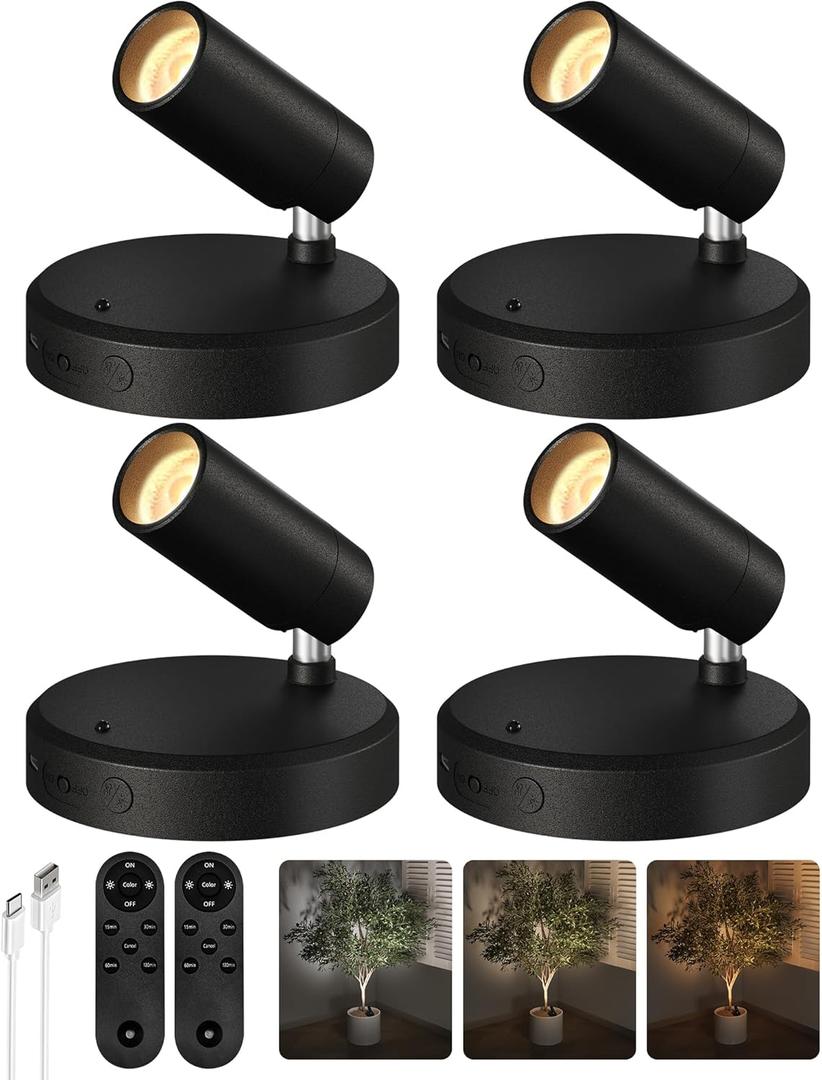 EZVALO Spotlights Indoor with Remote,5500mAh Rechargeable Picture Lights, Wireless LED Uplighting with TimerDimmable, 3CCT,Mini Plant Spot Lights for Painting,Artwork,Accent Lighting(4Pack-Black)