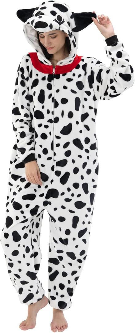 Snug Fit Unisex Adult Onesie Pajamas, Flannel Cosplay Animal One Piece Halloween Costume Sleepwear Homewear (Small, Dalmatian)