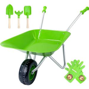 Kids Wheelbarrow Set Metal, Child Wheel Barrel Green Easy to Assemble and Kids Gardening Tools Kit, Garden Toys with Small Wheel Barrow, Outdoor Indoor Toys Gift for Children