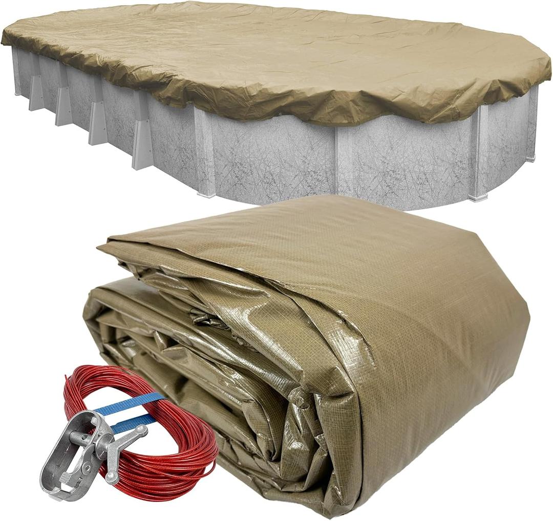 Pool Mate 15 x 30 ft Extra Strength Sandstone Winter Oval Pool Cover for Above Ground Pools, 4 ft Overlap (19 x 34 ft Cover Size), Solid 12 x 12 Scrim, 3.7 oz/yd2, Style: 571530-4