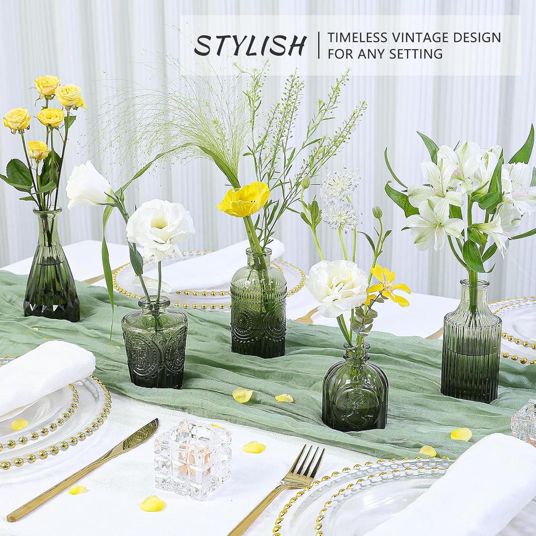 SUPMIND Glass Bud Vase Set of 4, Green Small Flower Vases for Centerpieces in Bulk, Mini Vintage Vase for Rustic Wedding, Home,Table Decoration