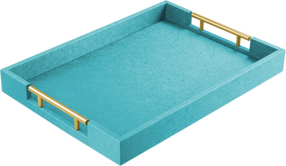 17" x 12" Wood Serving Tray with Gold Polished Metal Handles, Home Decorative Wooden Rectangle Ottoman Leather Decor Platter Bathroom Vanity Tray for All Occasions Blue (17" x 12" x 1.8", 03 Blue)