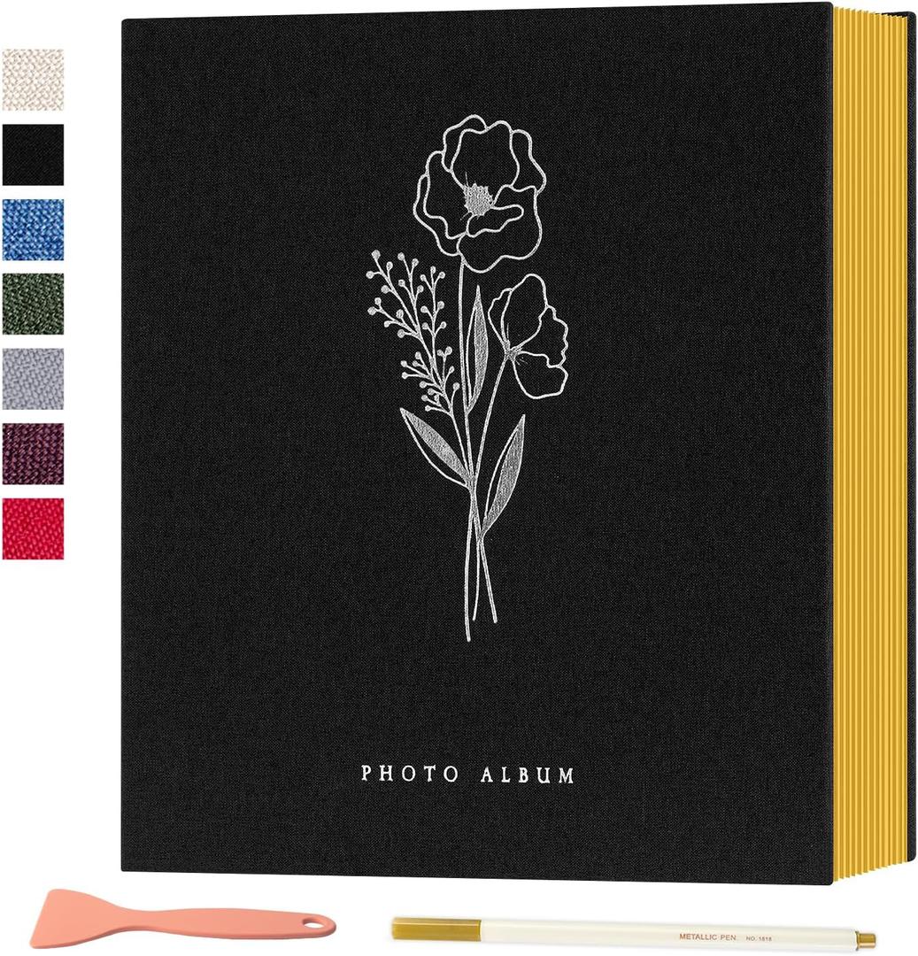 Lanpn Self Adhesive Photo Album Scrapbook 40 Pages, Linen Photos Albums DIY Sticky Magnetic Pages holds 4X6 7x5 A5 Picture for Family Wedding Birthday (Small-20 Sheets/40 Pages, Black)