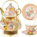 20 Pieces Porcelain Tea Set With Metal Holder, European Ceramic tea set for adults, Flower Tea Set, Tea Set For Women With Flower Painting (Large version, Pink)