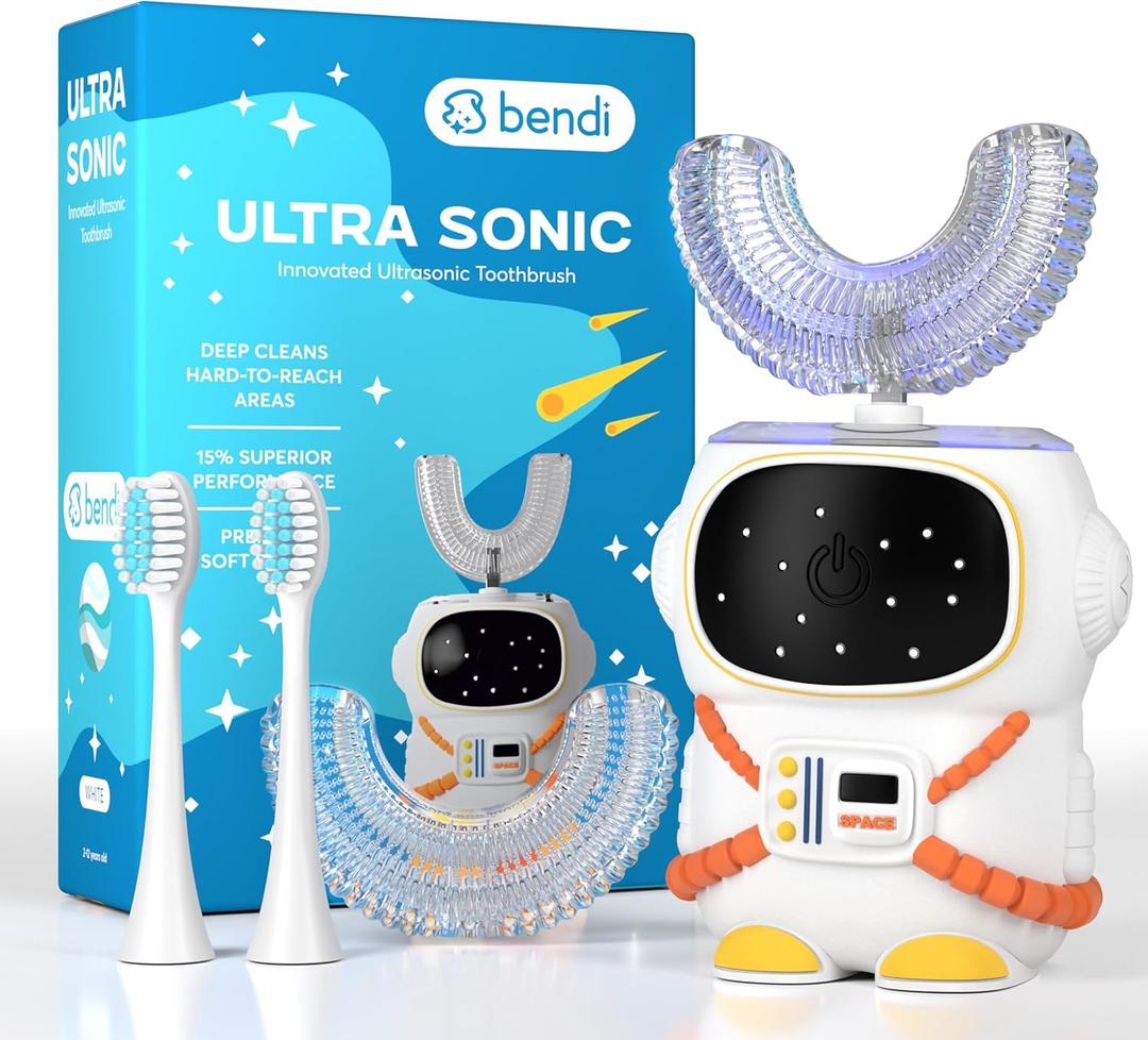 Sensory 360 Round U-Shaped Astronaut Design Mouthguard Electric Toothbrush for Kids Ages 2-7 - Automatic Memory Function - 5 Modes Toothbrush with Multiple Heads Kids Travel Essentials (White)