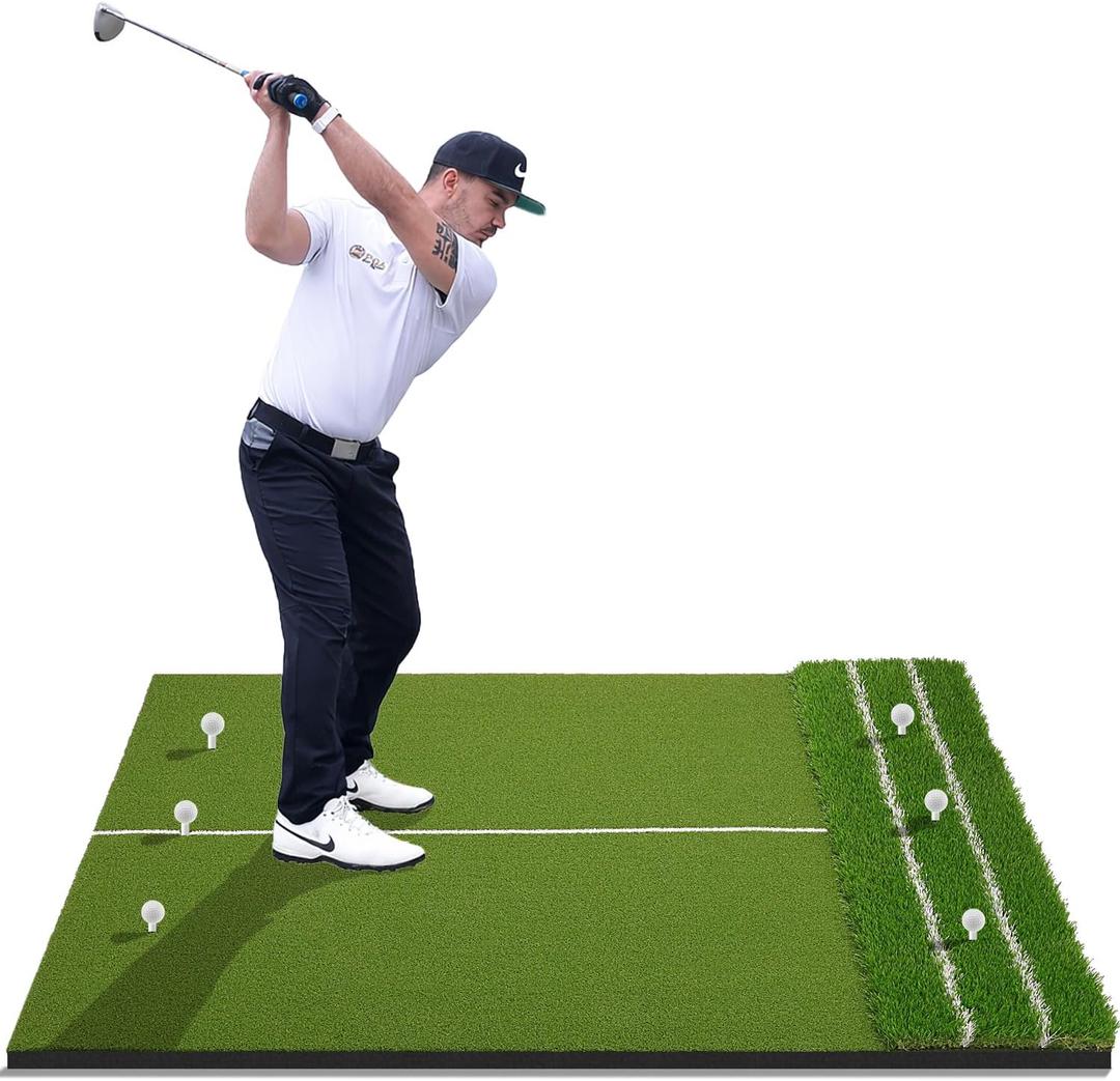 DCQ Real Feel 5x4ft & 6x4ft Golf Hitting Mat, Large Golf Mat, Dual Turf, Fairway & Rough Artificial Grass, Golf Practice Mat Indoor & Outdoor, Driving & Chipping Pad with Cushion, Golf Simulator Mat