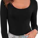 Women's Lightweight Casual Body Suits Long Sleeve Scoop Neck Slim Fitted Basic Bodysuit Shirt (Large, Black)