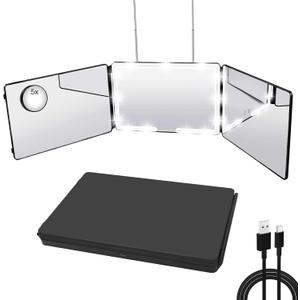 JANMPASK LED 3 Way Mirror for Hair Cutting, Adjustable 360 Trifold Barber Mirror Self Hair Cutting with 3 Color Temps LED Light & Telescoping Hooks for Makeup, Shaving & Styling