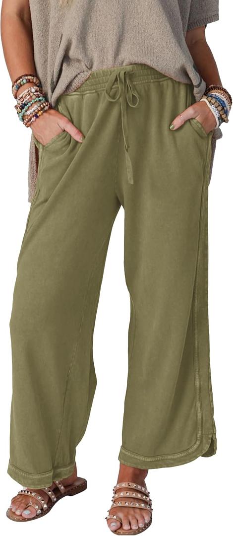 Women's Casual Wide Leg Pants High Waist Drawstring Sweatpants Baggy Athletic Trousers with Pockets (Olive)