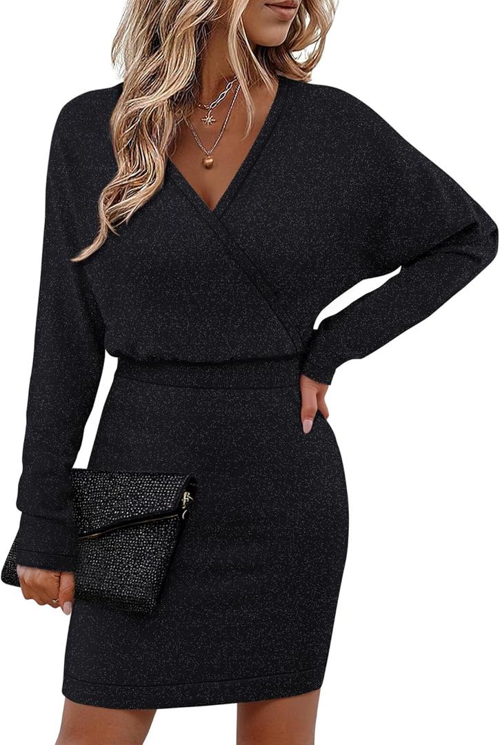Bebonnie Womens Sexy V Neck Batwing Sleeve Sparkly Cocktail Party Sweater Dresses Holiday Bodycon Midi Dress (Large, Black)