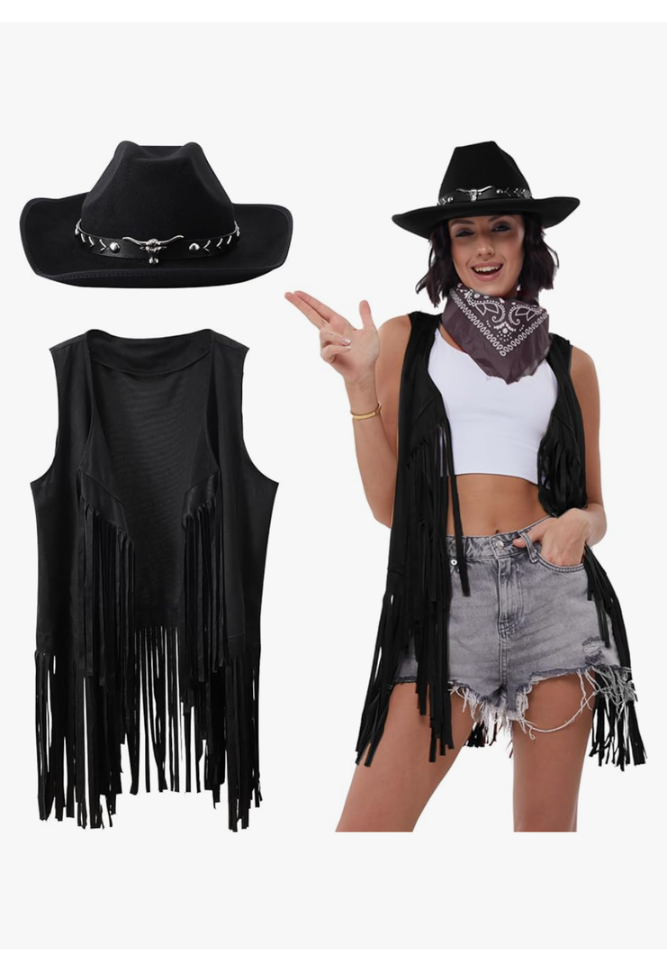 Western Outfits for Women Cowgirl Tassel Sleeveless Vest Cowboy Hat and Paisley Bandana, Size XXL