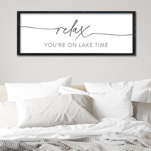 Surfapans Lake House Wall Decor Relax You're On Lake Time Sign 32"×12" for Bedroom Above Over Bed Lakeside Retreat Living Room Minimalist Large Wood Framed Horizontal Wall Hanging Art (Black)