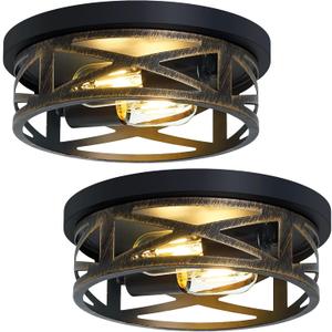 Farmhouse Light Fixtures,2 Pack Flush Mount Ceiling Light,Rustic Ceiling Light Fixture,Light Fixtures Ceiling Mount for Hallway,Kitchen,Entryway,Bedroom,E26 Base (10in-Antique Black)