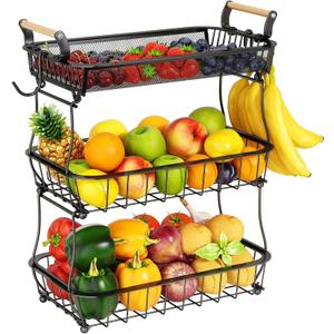 3 Tier Fruit Basket Bowl with 2 Banana Hangers for Kitchen Counter, Vegetable Countertop Produce Storage Holder, Large Capacity Metal Wire Fruits Stand Organizer for Onion Potato Bread Snack, Black