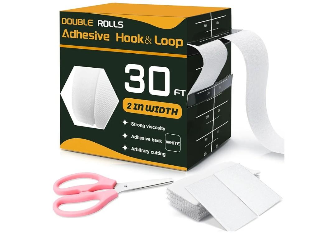 30 Ft×2 Inches Hook and Loop Tape Strong Viscosity Adhesive Back Arbitrary Cutting Sticky for Fabrics Nylon Self Adhesive Tape for Home Office School and Crafting 2 Rolls White and A Scissors (White)