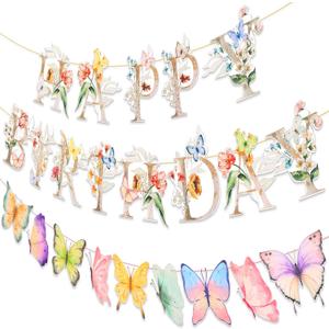 TaoBary 3 Pcs Wildflowers Happy Birthday Banners Decorations Watercolor Butterfly Floral Birthday Party Banner Letters for Spring Party Decorations Baby Shower Supplies