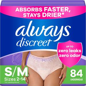 Always Discreet Adult Incontinence Underwear for Women and Postpartum Underwear, S/M, Up to 100% Bladder Leak Protection, 84 Count (Packaging May Vary)