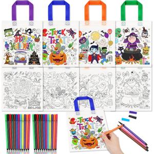 HOWAF 12pcs Summerween Coloring Goodie Bags with Paint Pens for Kids, Halloween Boo Coloring Candy Bags Trick or Treat Coloring Gift Bags, Happy Halloween Reusable Canvas Bag Party Favors Coloring