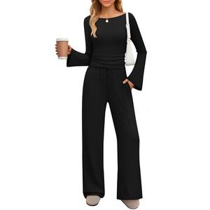 ZESICA Women's 2 Piece Lounge Sets Fall 2026 Casual Long Sleeve Boat Neck Ribbed Tops Wide Leg Pants Outfits with Pocket,Black,Large