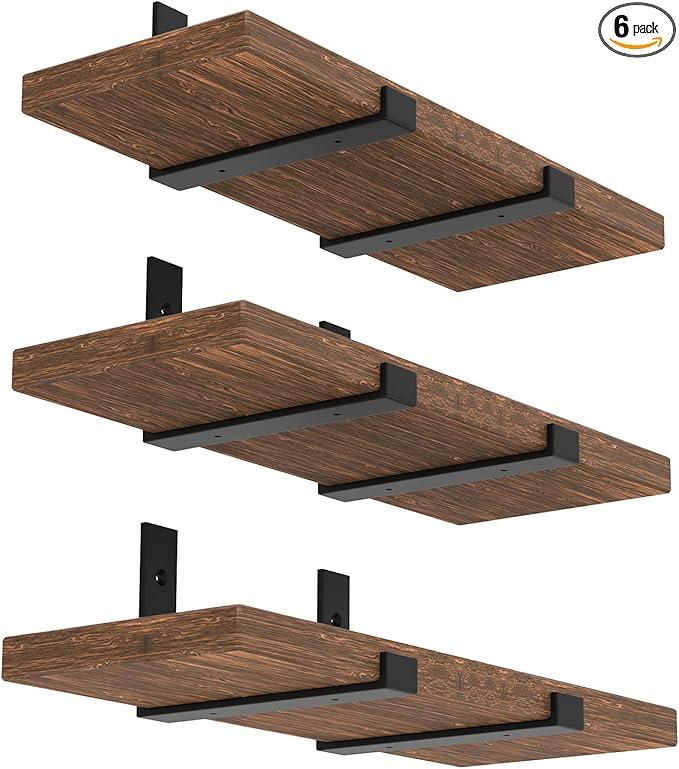 WEKIS 12 Inch Heavy Duty Floating Shelf Bracket, Wall Mounting Industrial Black Shelf Brackets, 1/5 Inch Thick Iron Metal Brackets for Shelves 6 Packs