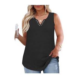 VISLILY Plus-Size-Tank-Tops for Women Cute Ring Hole V Neck Sleeveless Shirts Trendy Summer Blouses Casual Loose Fit Tunics Size 1XL