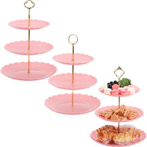 Tosnail 3 Pack 3 Tiers Pink Plastic Cupcake Stand Dessert Stand Tiered Serving Trays with 3 Styles Gold Rod, Party Serving Trays Fruit Pastry Holders for Wedding and Party - Heart and Flower Embossed