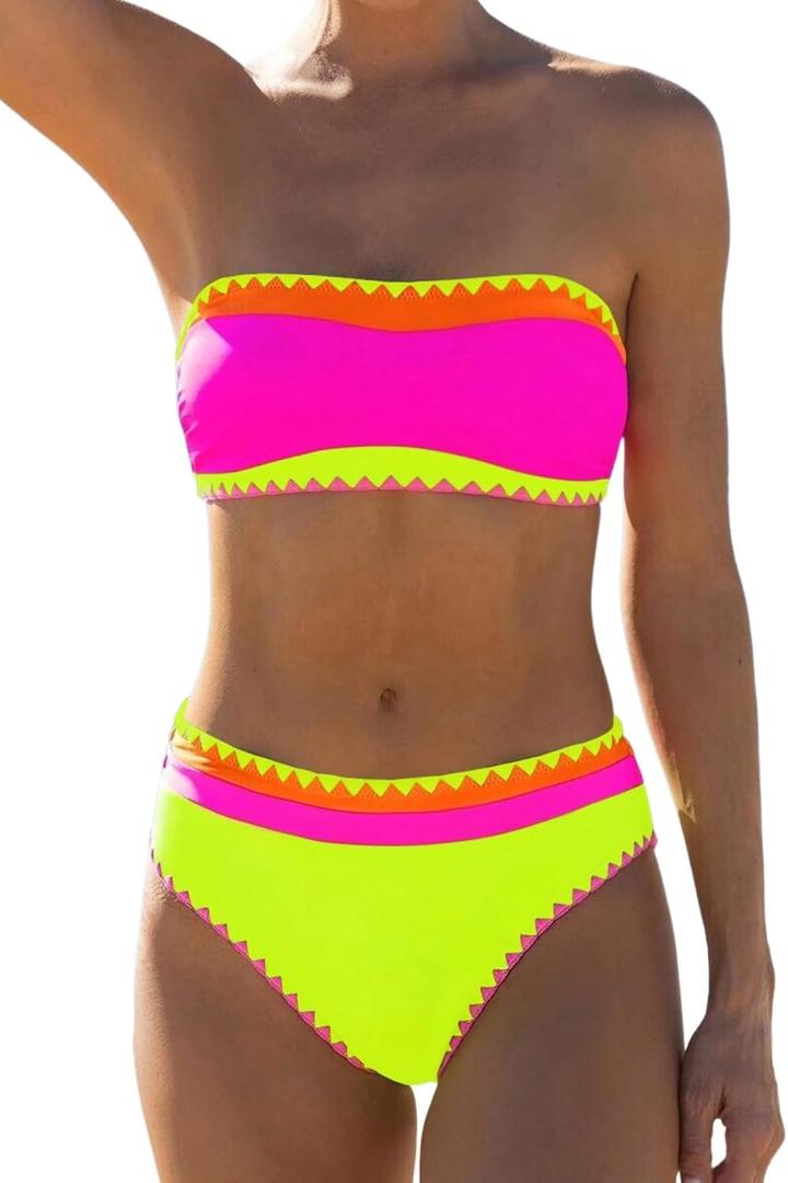 Sexybody Women's Bandeau Bikini Strapless Bikini Neon Color Block Two Piece Whip Stitch Trim Bathing Suits (Large, 193 Hot Pink+ Neon Yellow)