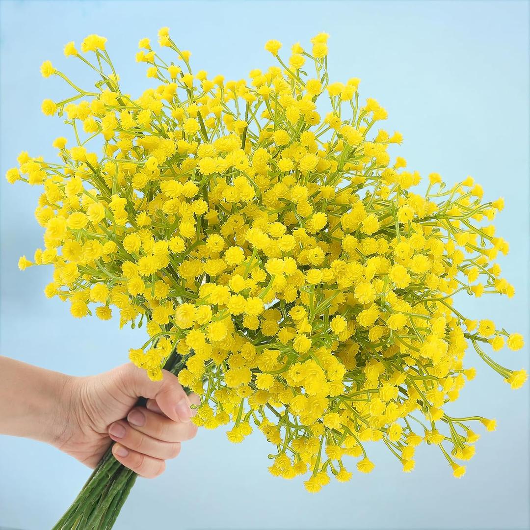 N&T NIETING Babys Breath Artificial Flowers Bulk, 10Pcs Fake Gypsophila Bouquet Flowers Real Touch Faux Babies Breath Arrangement for Wedding Floral Party Home Centerpieces Vase Decoration, Yellow