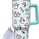 40 oz Tumbler With Handle and Straw, Stainless Steel Insulated Penguin Tumbler, Reusable Coffee Mug With Leak Proof Lid, Gifts for Women (Blue)