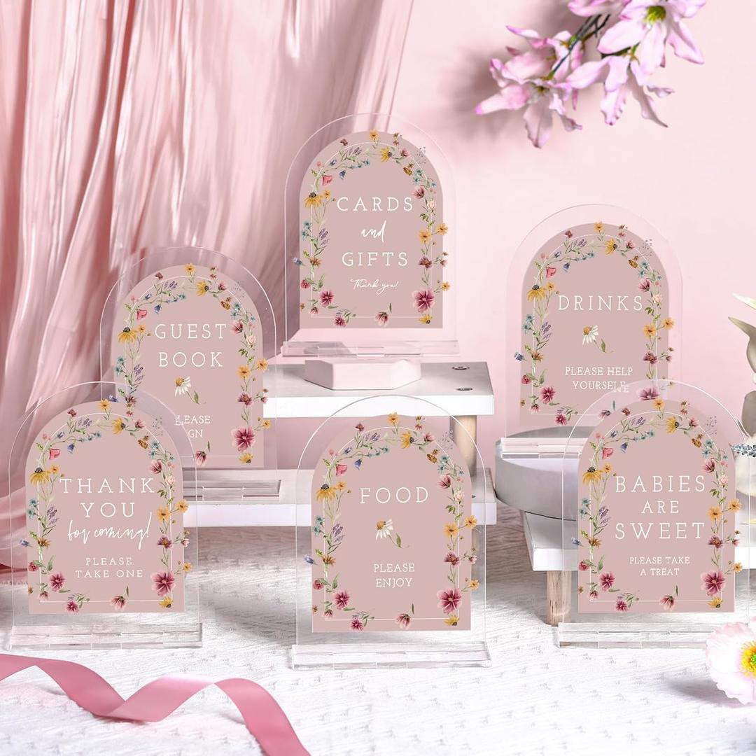 Thyle 6 Pcs Wildflowers Baby in Bloom Shower Table Decorations Sign Thank You Acrylic Sign Centerpieces with Stand 8 x 10" Wedding Birthday Party Decorations for Guests Gifts