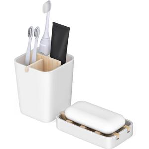 Toothbrush Holders and Soap Holder Set, Tooth Brush Holder with 4 Slots, Plastic Soap Dish Tray for Shower, Bathroom Accessories Set for Countertop Storage - White