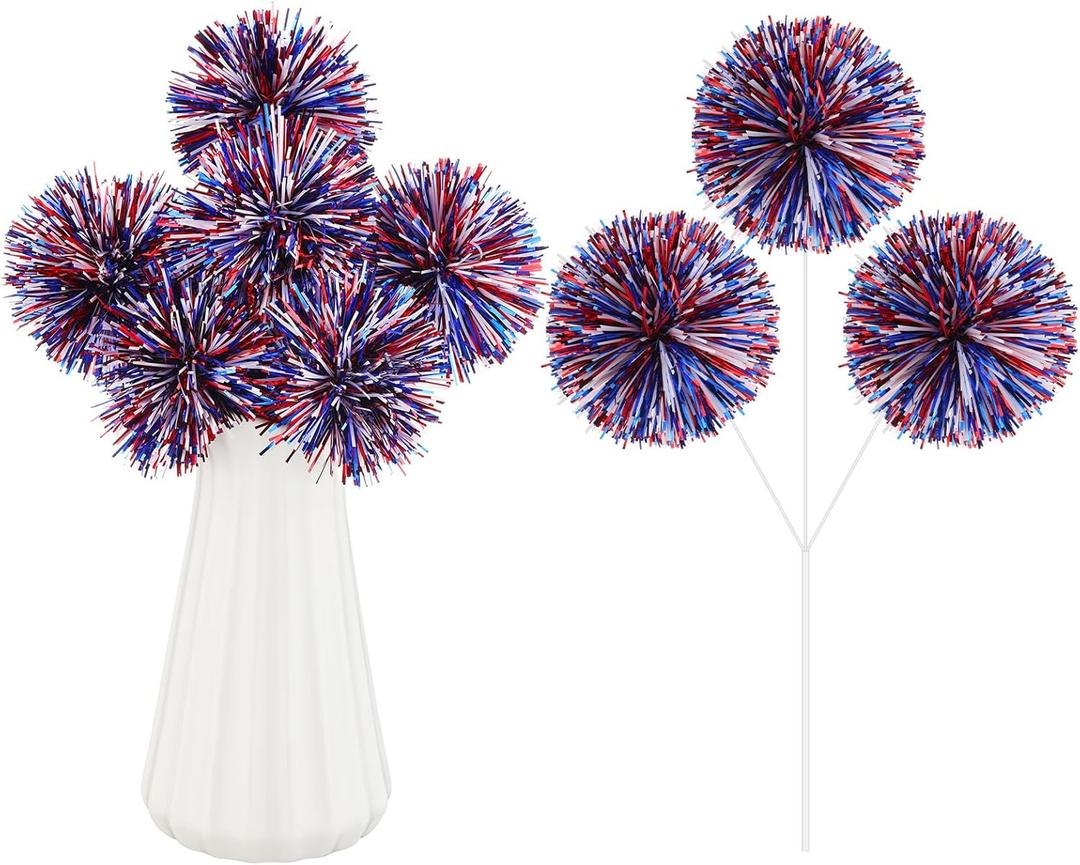 6 Pcs 4th of July Fireworks Pom Pom Picks Decorations Patriotic Vase Filler 250th anniversary Memorial Day Table Decor Red White Blue Independence Day Stem Pick Decor for Home Vase(Mixed Colors)