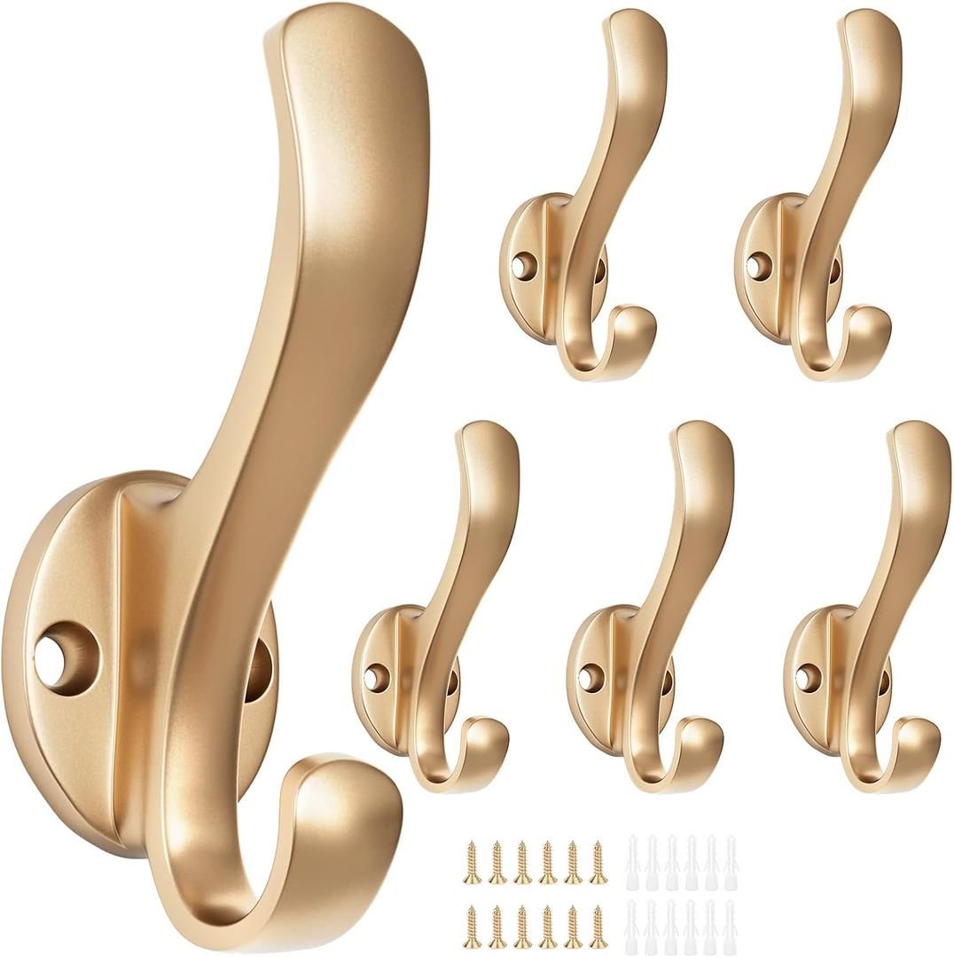 Coat Hooks Heavy Duty - Easy to Install Metal Towel Hooks Fashionable Wall Hooks for Hanging Hat, Towel, Key, Robe, Scarf, Bag, Cap (6 PCS Gold)