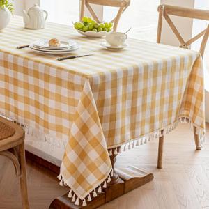 Alsoo Checkered Tablecloth Rectangle Cotton Linen Fabric Gingham Table Cloth Buffalo Plaid Table Cover with Tassel Wrinkle Free Washable for Kitchen Dining Picnic, Yellow and White, 55"X120''