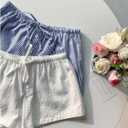 MakeMeChic Women's 2 Pack Linen Shorts Striped Gingham Summer Beach Pajama Boxer Shorts (Blue, L)