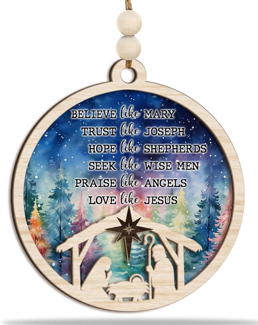 Nativity Christmas Ornament 2025  Believe Like Mary Wooden Round Religious Holiday Decoration with Holy Family & Inspirational Message  Christian Christmas Tree Ornament & Faith Gift