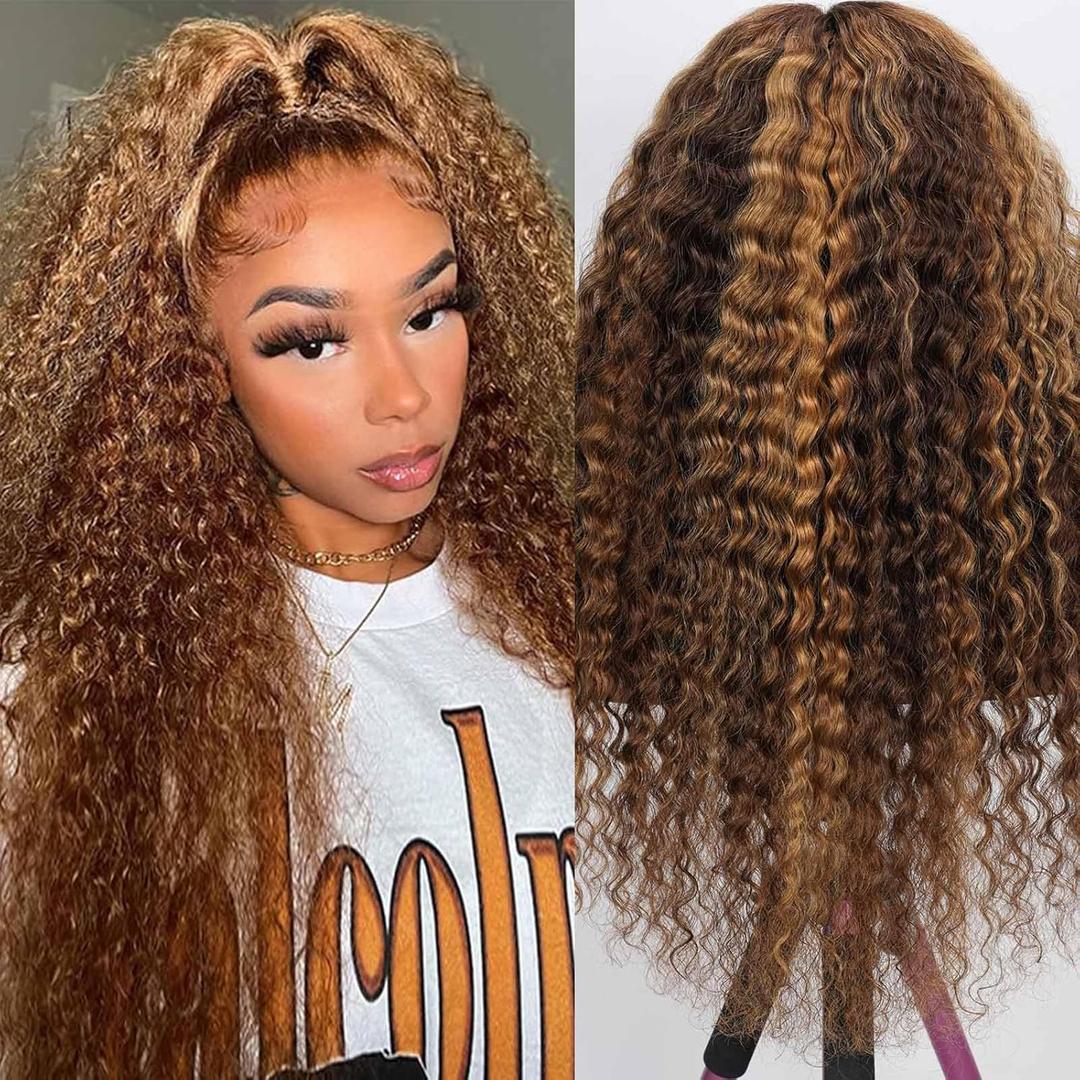250 Density Honey Blonde Ombre Highlight Lace Front Wig Human Hair 13x6 Deep Wave HD Lace Frontal Wigs Pre Plucked 100% Human Hair Wigs with Natural Hairline 20Inch