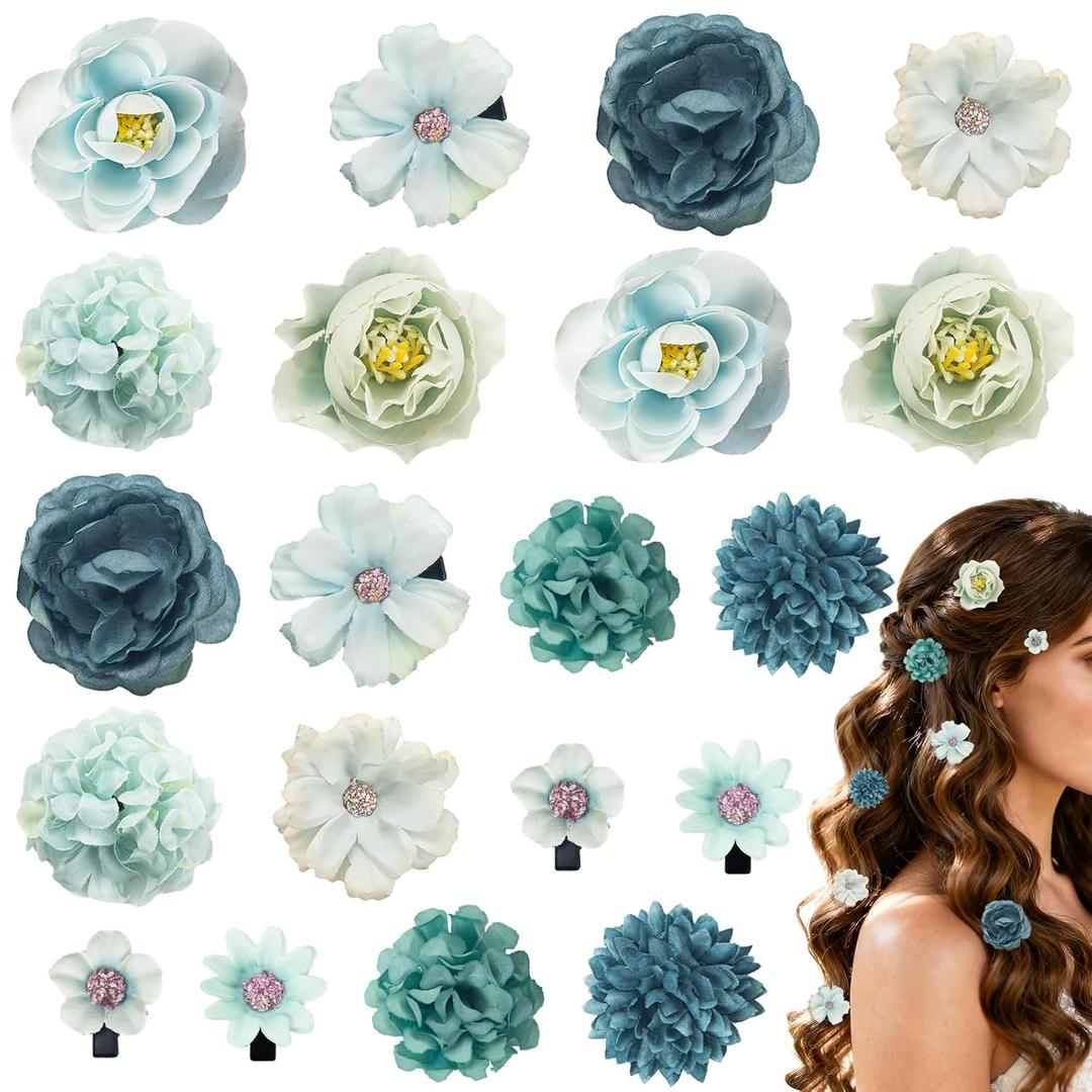 20 Pcs Flower Hair Clip for Women and GirlsHair Flowers Clip Flower Hairpin Brooch Pin Hair Accessories for Wedding (Blue)