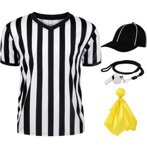JORHIG 4 Pcs Referee Shirt, Referee Costume Men Women V-Neck Ref Shirt Hat Ref Whistle Penalty Flag for Football Soccer Player Set A, S